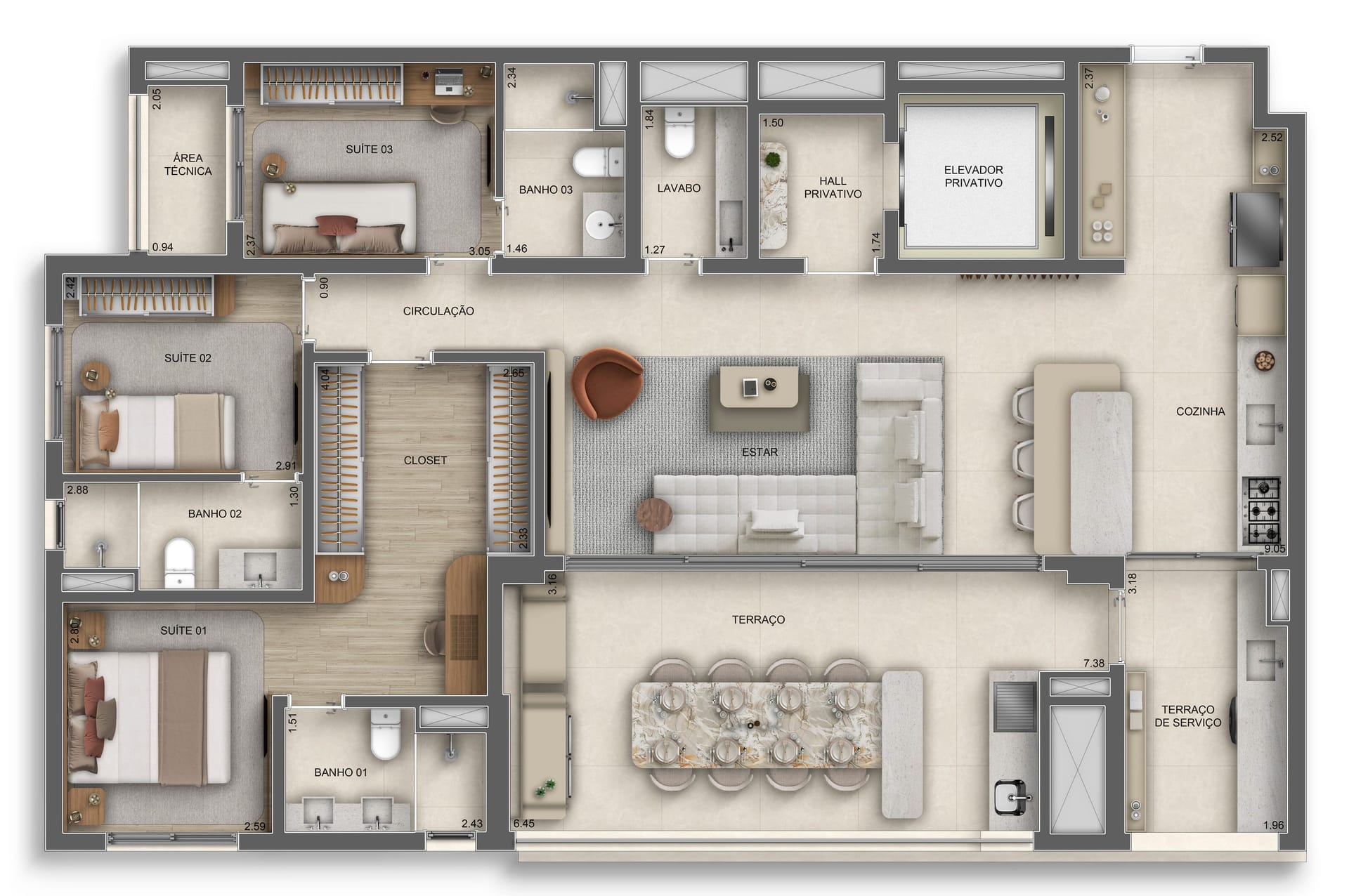 Planta do apartamento de 137 m² do Orbya Residences — 3 suítes · opção 4 dormitórios