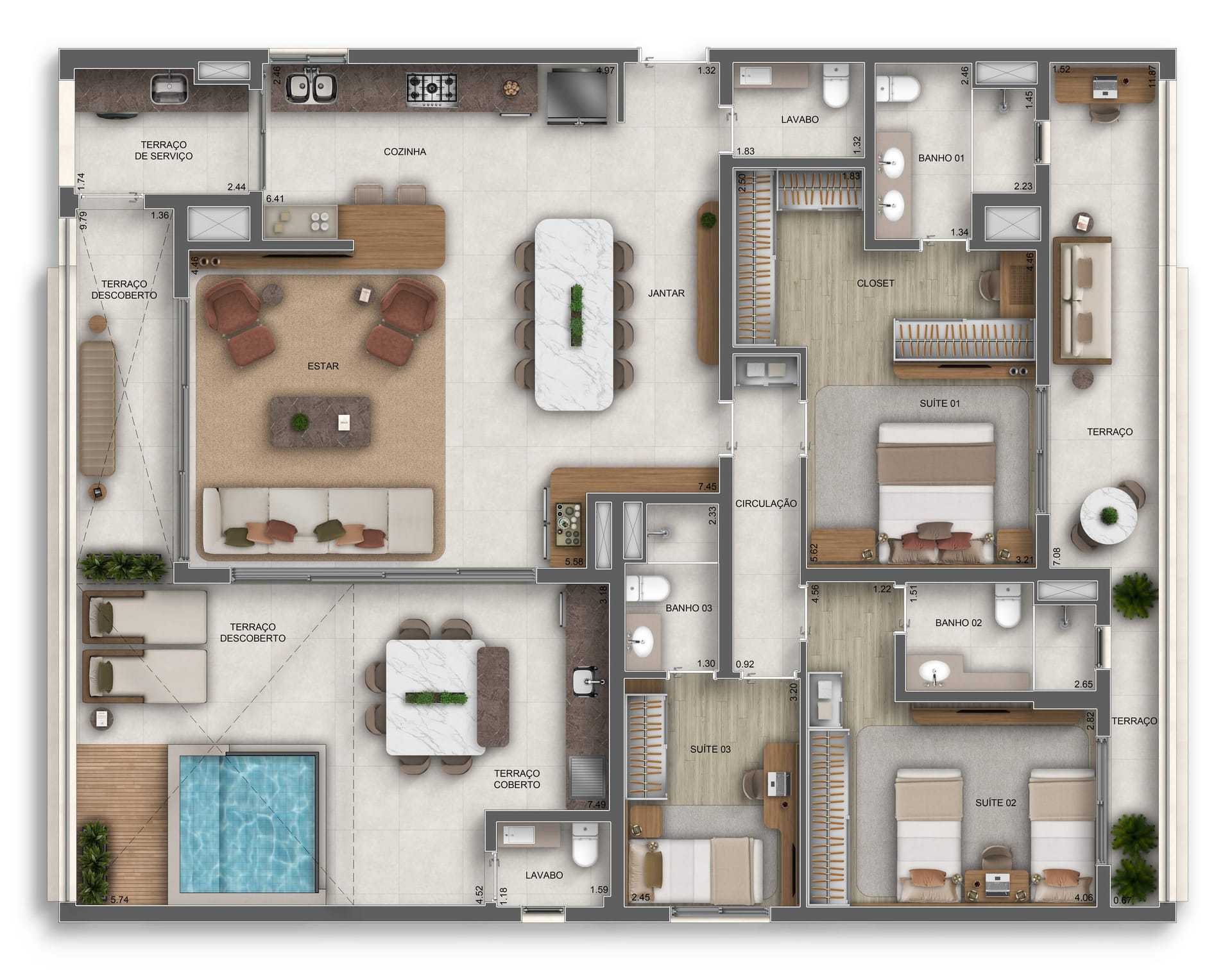 Planta do apartamento de 162 m² do Orbya Residences — 3 suítes com lavabo