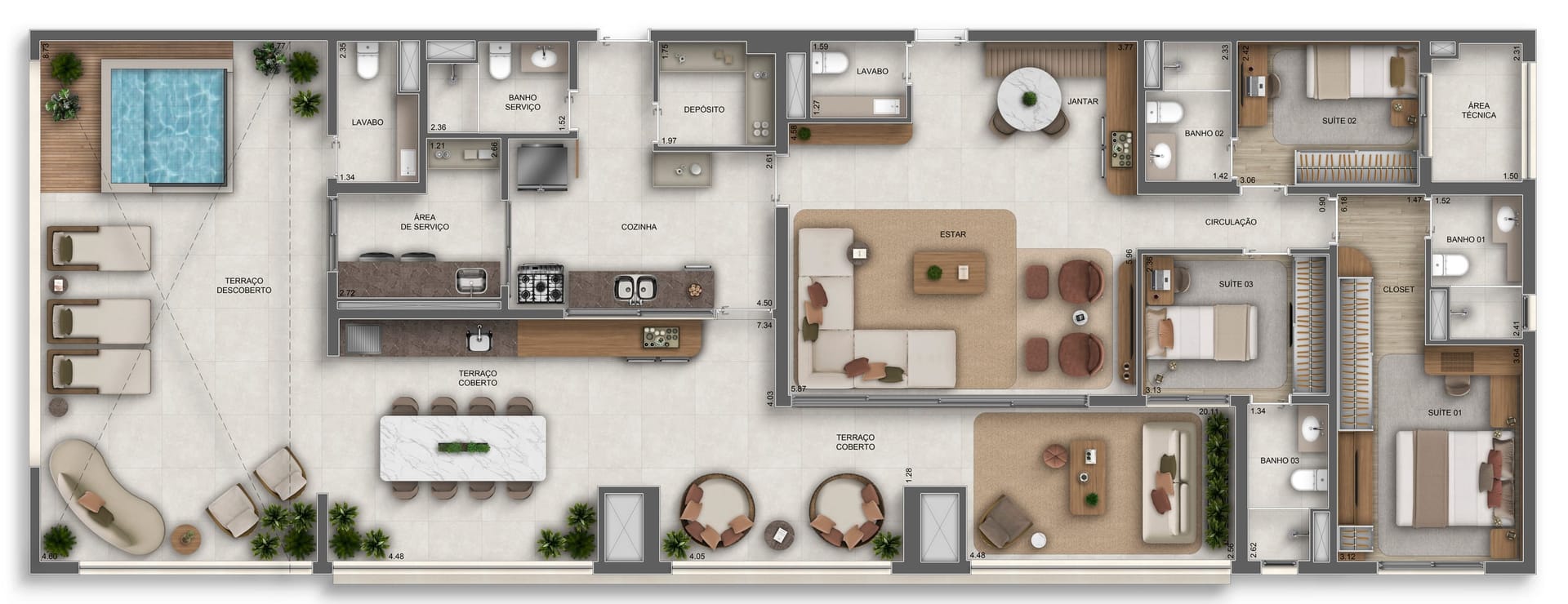 Planta do apartamento de 188 m² do Orbya Residences — 3 suítes com lavabo