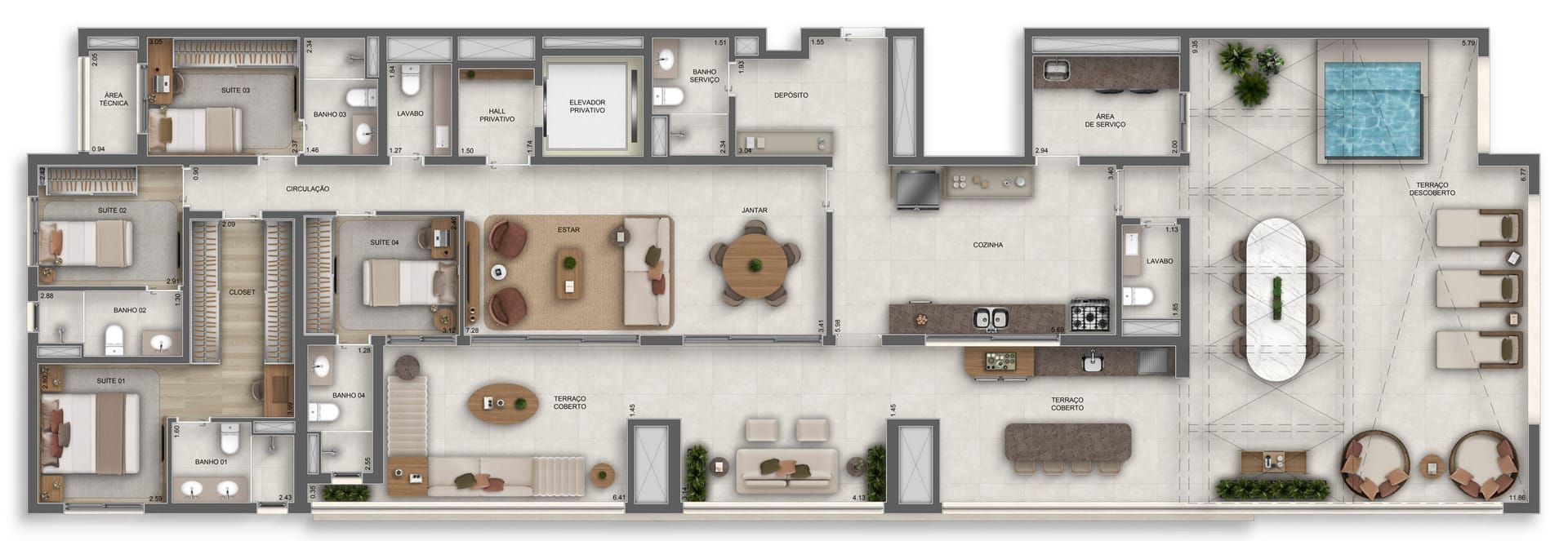 Planta do apartamento de 212 m² do Orbya Residences — 4 suítes com lavabo