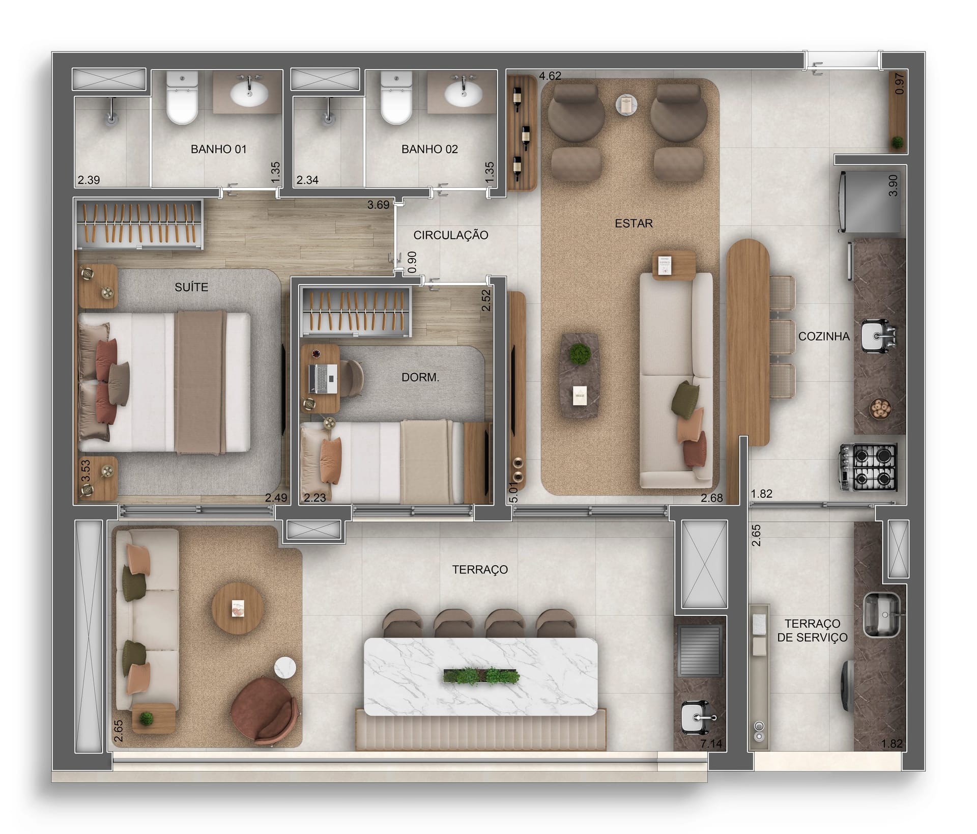 Planta do apartamento de 77 m² do Orbya Residences — 2 dormitórios (1 suíte)